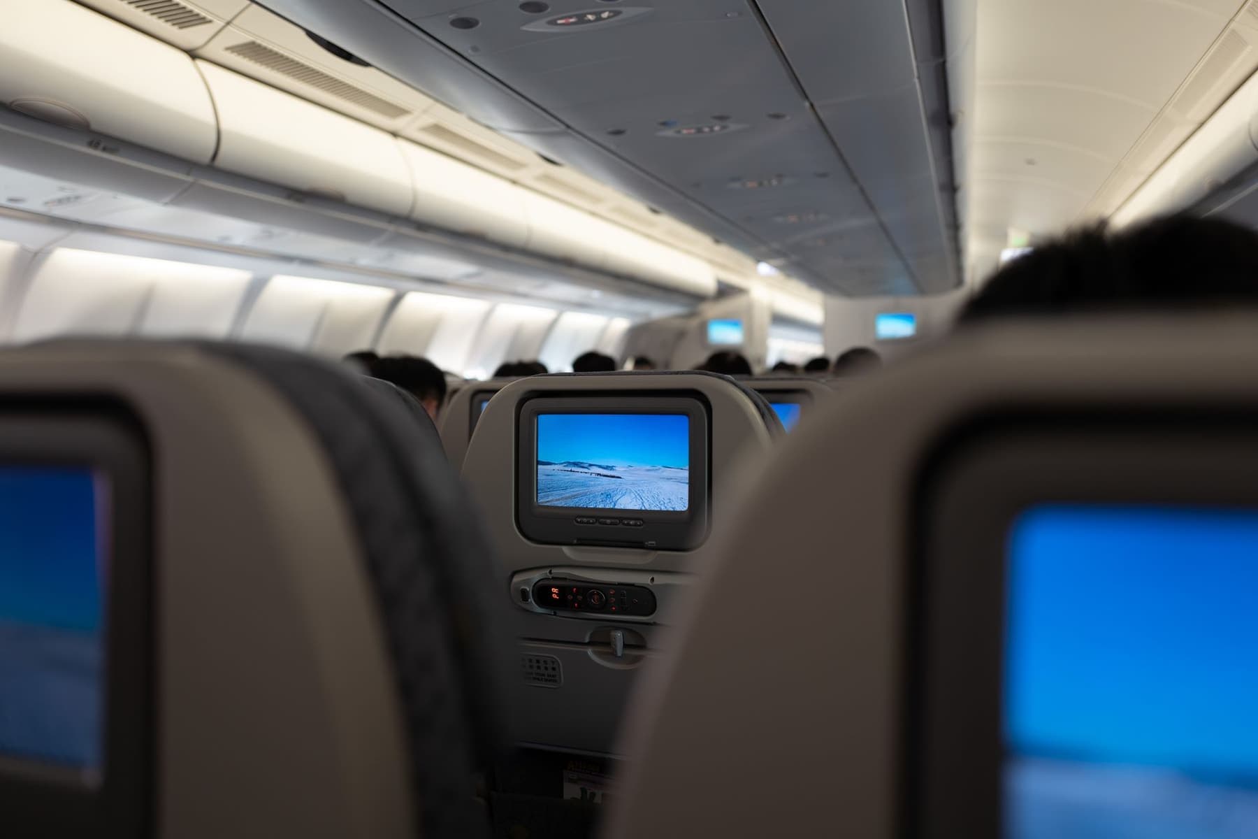 Seatback entertainment screens on a row of aircraft seats