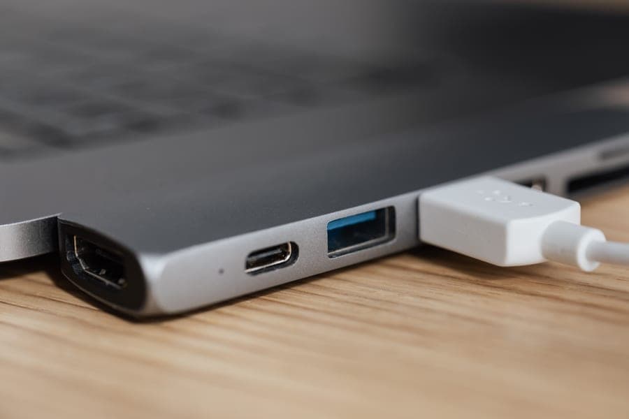 USB-C multiport adapter with a connected cable on a desk