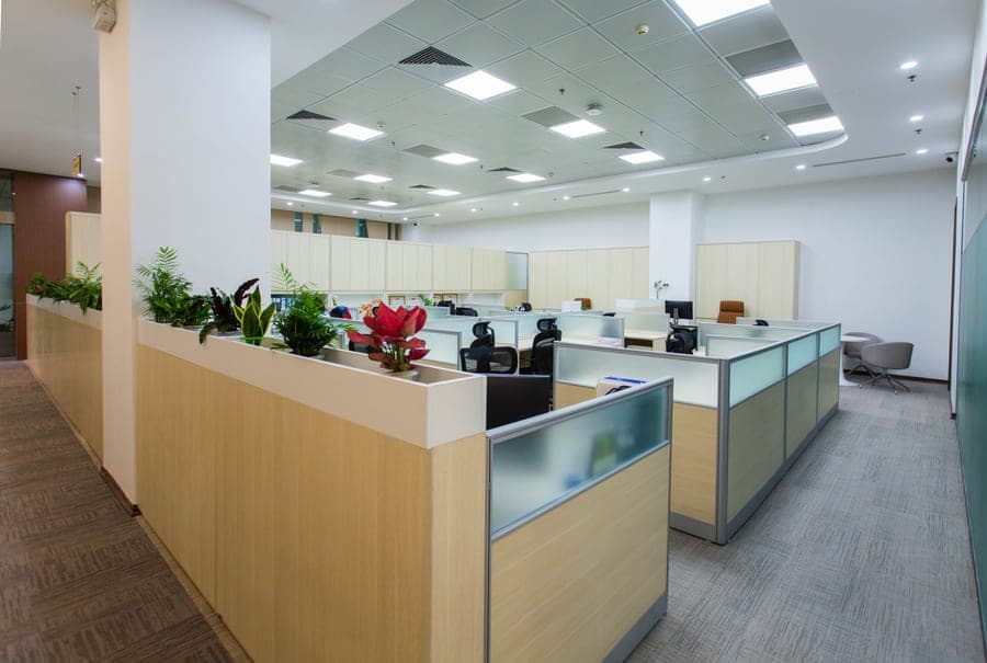 A bright open-plan office area with desks and contemporary furnishings